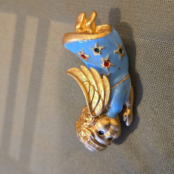 Rare Find Gold Tone Blue Angel W/ Rhinestone Halo Stars, Gold Wings Vintage 80's - Picture 2 of 12